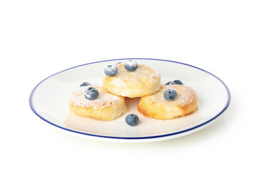 Concept of tasty sweet food, cheese pancakes, isolated on white background