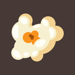 One piece of popcorn illustration. Salty or sweet snack from corn or souffle for watching movies isolated on brown background. Food, cinema concept