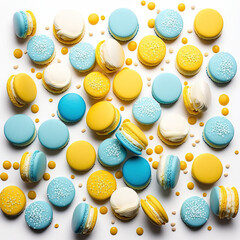 Traditional blue and yellow macarons on a white background beautifully decorated, generative AI - obrazy, fototapety, plakaty