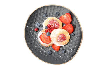 Concept of tasty sweet food, cheese pancakes, isolated on white background