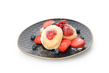 Concept of tasty sweet food, cheese pancakes, isolated on white background