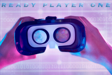 3d, virtual reality headset and hands of man ready to explore cyber world. Binary metaverse, futuristic neon or pov of male player holding technology for vr exploration and gaming glasses for esports - obrazy, fototapety, plakaty