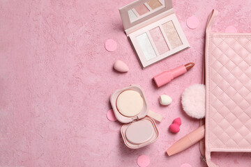 Concept of female accessories, different cosmetics, space for text