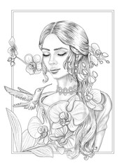 Coloring Page with Grayscale Portrait of Beautiful Woman with Flowers For Kids and Adults . Flower Woman Coloring Page.Monochrome image of woman with long curly hair. 