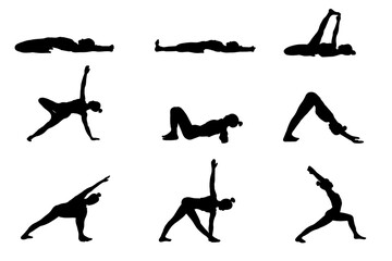 Yoga poses collection. Black shadow. Female woman girl. Vector illustration in cartoon flat style isolated on white background.