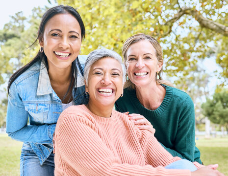 Retirement, women or bonding portrait on profile picture, social media or lifestyle freedom blog in relax environment. Smile, happy or elderly senior friends in nature park, grass garden or community