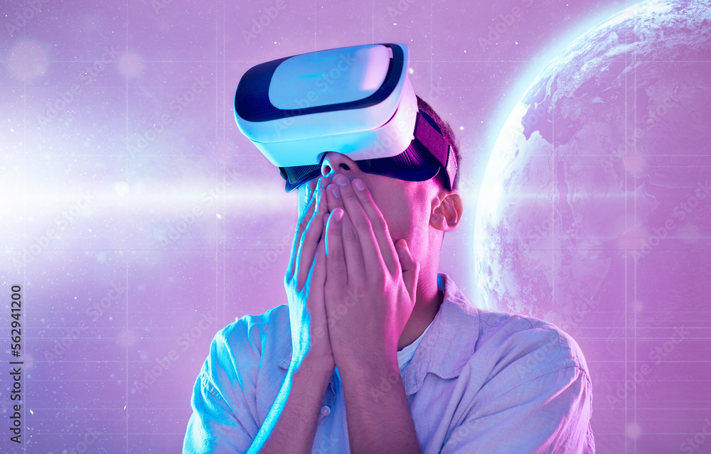 Poster Futuristic, wow and man with vr planet exploring a cyber space world. Surprise, shock and male in virtual reality, metaverse or exploration of galaxy stars, neon and universe simulation with 3d tech.