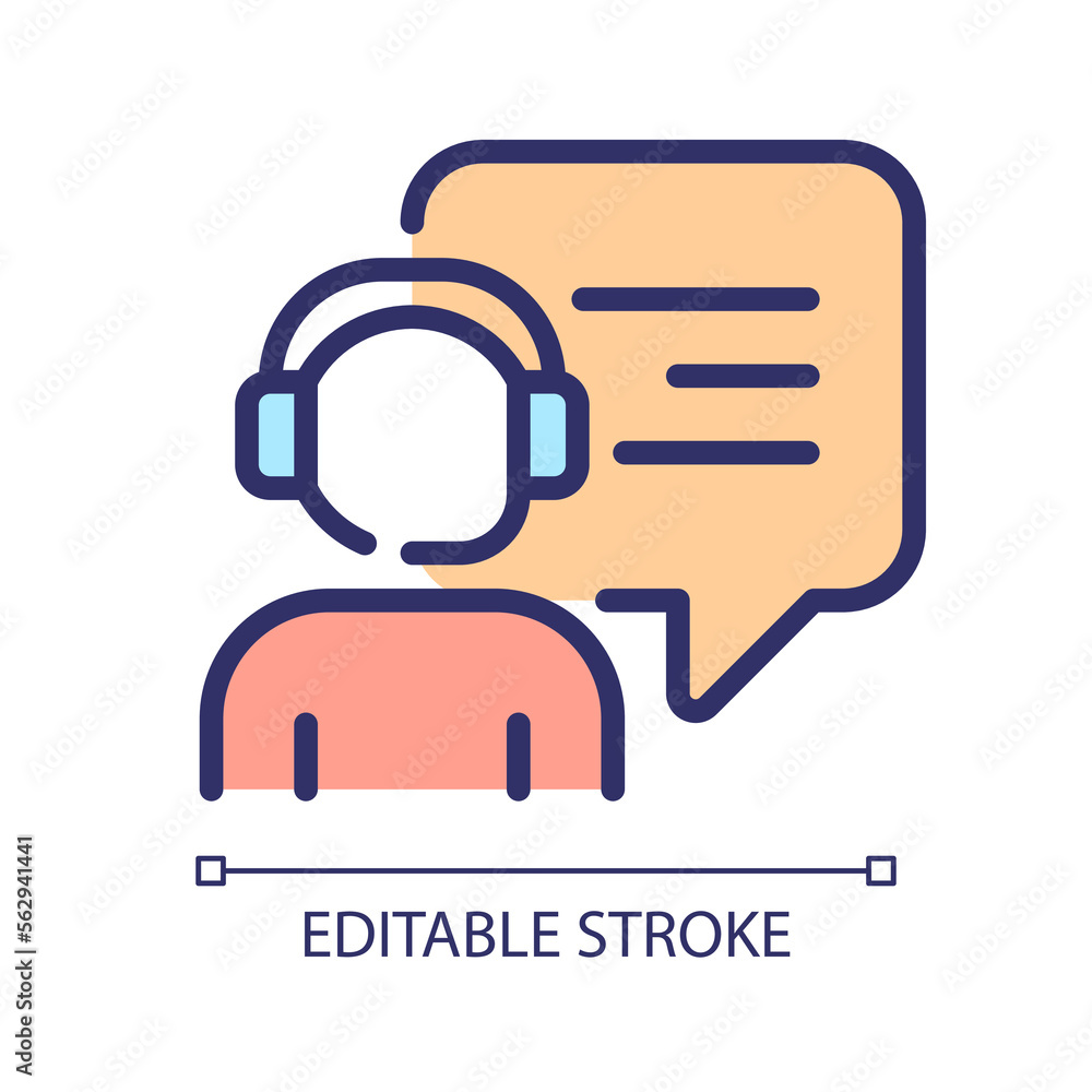 Poster Interact with call centre operator pixel perfect RGB color icon. Person with headset and speech bubble. Support service. Isolated vector illustration. Simple filled line drawing. Editable stroke