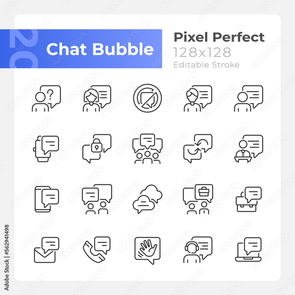 Poster chat bubble pixel perfect linear icons set. communication with speech balloons. talking visualizatio