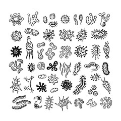 Microbes and bacteria collection, pathogenic micro-organisms, various types of bacteria, superbugs, viruses vector set of hand-drawn black outline in the style of doodle bacteria.