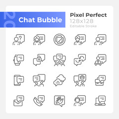 Fototapeta na wymiar Chat bubble pixel perfect linear icons set. Communication with speech balloons. Talking visualization. Customizable thin line symbols. Isolated vector outline illustrations. Editable stroke