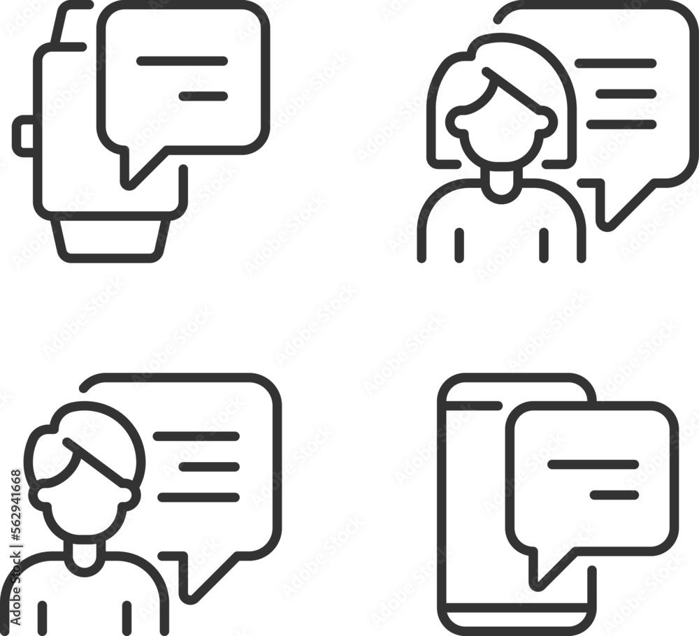 Poster communication with chat bubbles via gadgets pixel perfect linear icons set. technology of connection