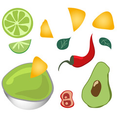 Ingredients for guacamole, great design for any purpose. Vector illustration with ingredients for guacamole on white background. Lime, avocado, jalapeno and nachos.