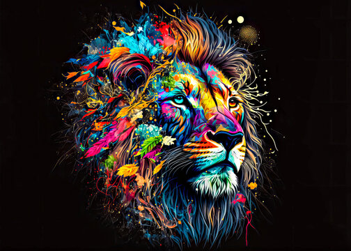 Fototapeta Lion, the head of a lion in a colorful flame. Abstract multicolored profile portrait of a lion head on a black background. 