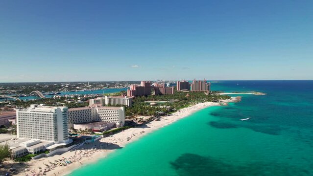 Drone shot of Cabbage Beach and Atlantis Resort in Nassau, Bahamas. Caribbean Island.