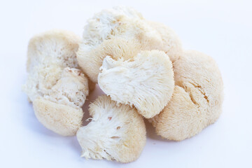Fresh lion's mane mushroom on white background.