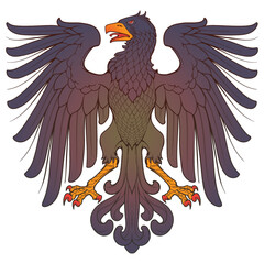 Heraldic Eagle spreading wings symmetrical. Heraldic supporter a part of a Coat of Arms. Line drawing coloured and shaded isolated on white background. EPS10 vector illustration.