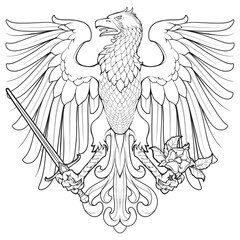 Heraldic Eagle front view, wings spread. Heraldic supporter a part of a Coat of Arms. Black line drawing isolated on white background. EPS10 vector illustration.