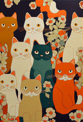 Cats illustrations in classic Japanese silk print style | Cats wallpapers | Japanese classic style | Ai generative | Cultural art | Cat patterns
