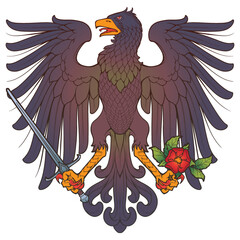 Heraldic Eagle with spread wings holding a sword and a rose. Heraldic supporter a part of a Coat of Arms. Line drawing coloured and shaded isolated on white background. EPS10 vector illustration.