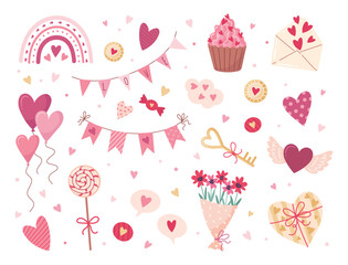 Valentine's day elements set. Gift, heart, balloon, flowers, cupcake, boucket, candy, and others for decorative. Stickers cartoon style. Vector illustration.