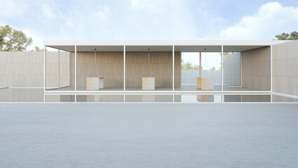 House with concrete floor terrace near swimming pool. 3d rendering of modern building and blue sky background.
