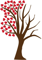Tree with hearts hanging on left branches and fallen tree on the right side, valentines day, love with sadness, simplicity isolated on white background