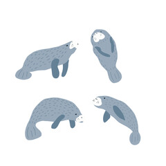 Manatees. Scandinavian style under sea. Save the manatee concept. Character design. Vector illustrations isolated on white background.