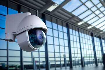 Nahaufnahme einer Überwachungskamera, außen an einem Gebäude - Generative Ai - obrazy, fototapety, plakaty