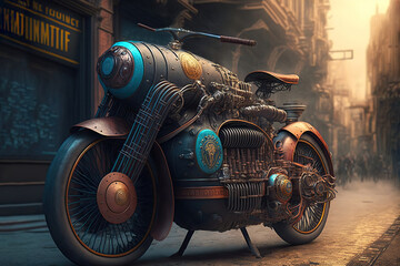 Plakat Old motorcycle in a steampunk city, Generative AI