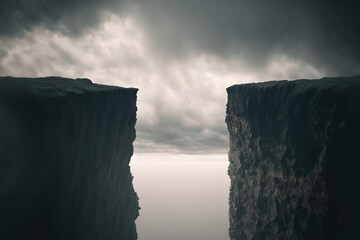Gap of the abyss cliff edge on the gray cloudy sky, The challenge route for successful concept background. Generative Ai image.	
 - obrazy, fototapety, plakaty