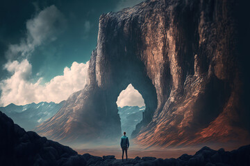 A man is standing in the huge mountain environment, Challenge journey concept scene. Generative Ai image.