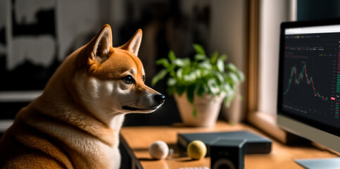 Shiba inu is sitting in front of the his PC, Dog is playing stocks energetically. made with generative AI