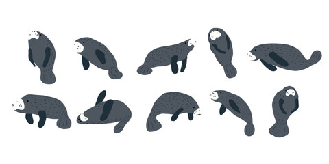 Manatees. Scandinavian style under sea. Save the manatee concept. Character design. Vector illustrations isolated on white background.