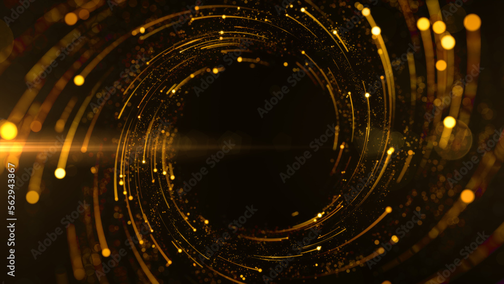 Poster tunnel gold color digital particles dots and line twist abstract background for new year or importan
