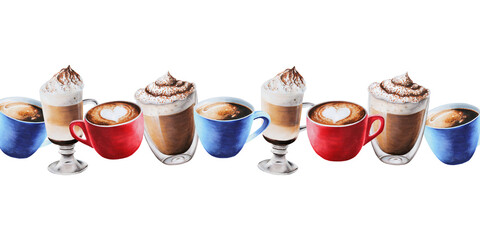 Watercolor bordure with coffee in porcelain and glass cups. Hand painting espresso, americano, latte, raff, take away coffee, mocha on a white isolated background. For designers, menu, shop, bar