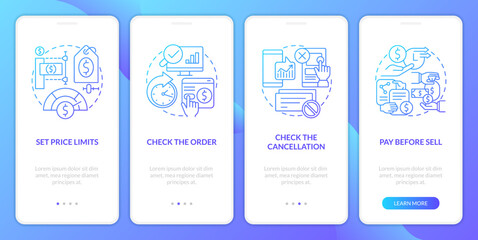 Online investing blue gradient onboarding mobile app screen. Digital trading walkthrough 4 steps graphic instructions with linear concepts. UI, UX, GUI template. Myriad Pro-Bold, Regular fonts used