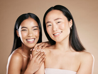 Portrait, beauty and diversity with model woman friends in studio on a beige background for skincare. Face, skin and wellness with a young female and friend posing to promote a cosmetic product