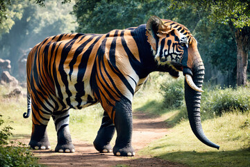 abstract hybrid animal a large elephant with tiger stripes and head walking down a dirt road next to a forest filled with trees and grass, with a large trunk sticking out of its mouth, generative AI - obrazy, fototapety, plakaty