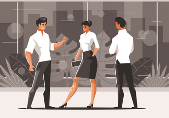 Tee talking office workers. Businessmen and businesswoman discuss business strategy in office. Vector illustration