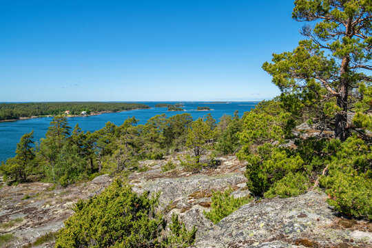 Rocky view of Purunpaa coast and sea on the background, Kimito (Kemio) island, Finland