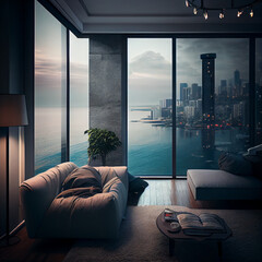 Empty loft style room with concrete floor and city view - obrazy, fototapety, plakaty