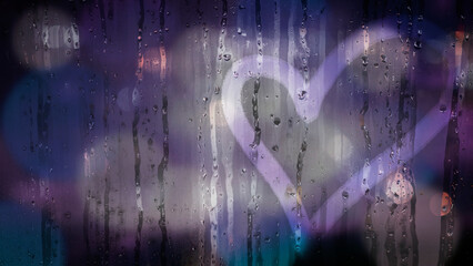 Heart shape on wet grass with water drops and colorful city light bokeh. Hand drawn heart on glass window surface, rainy day. Romance love bubble droplets backdrop. Sadness romantic rain. Concept love