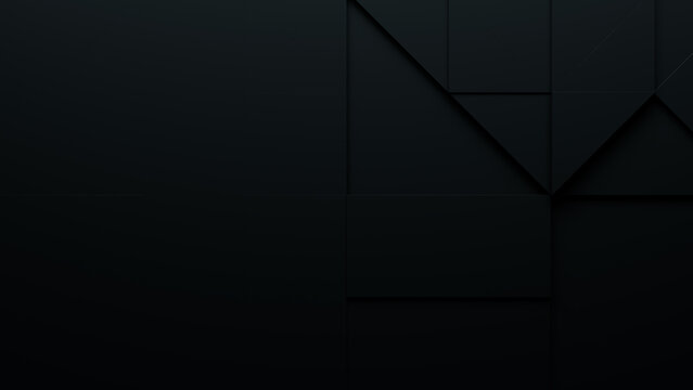 3D blocks of different shapes and sizes interlock to create a wall. Black Tech wallpaper with copy-space.