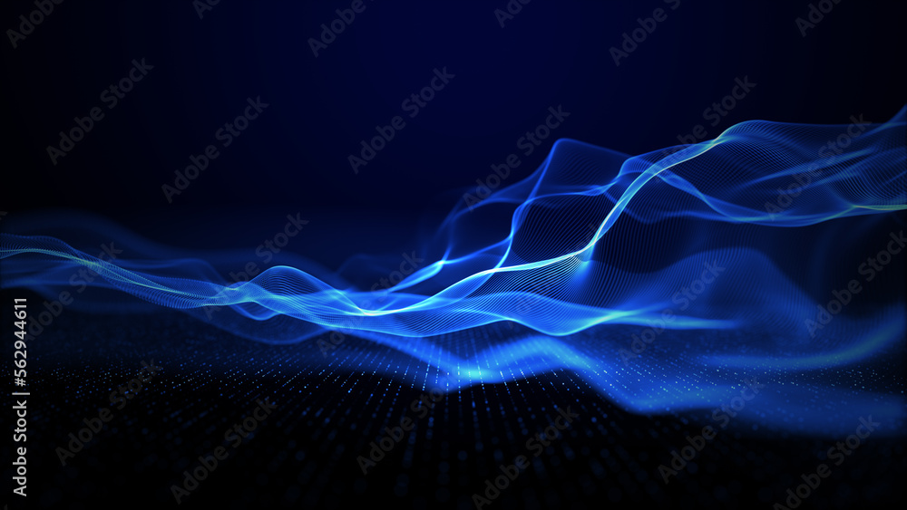 Fototapete digital abstract background blue wave flow line and dots connect, background 3d rendering