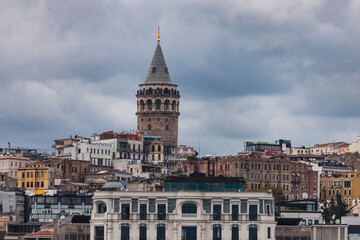 Obraz premium Cityscape of Istanbul. Old city with colored buildings. Eminonu ferry docks overlook the mouth of the Golden Horn.