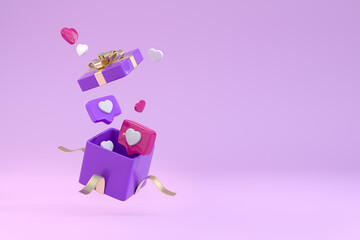 Valentine's Day. Background with realistic festive gifts box. Romantic present. Violet boxes with gold ribbon gift surprise. Holiday banner, web poster, flyer, stylish brochure, greeting card, cover.