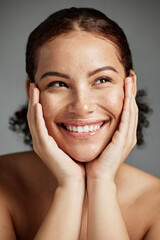 Skincare beauty, face and woman in studio isolated on a gray background. Makeup cosmetics, thinking...