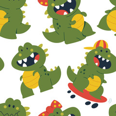 Funny dinosaurs vector cartoon seamless pattern background for wallpaper, wrapping, packing, and backdrop.
