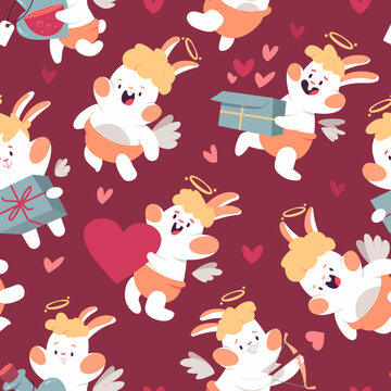 Cute cupid rabbits vector cartoon seamless pattern background for Valentines day.
